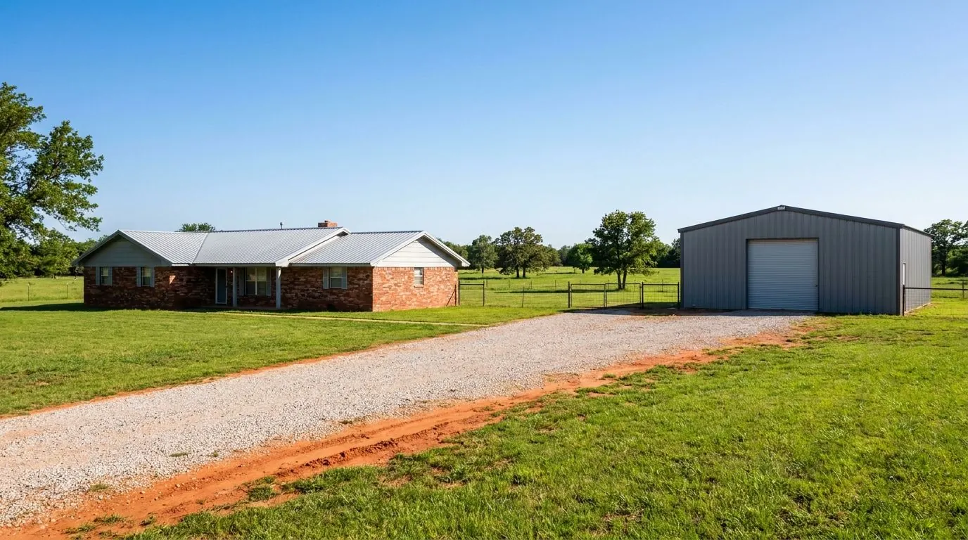 A one-story brick ranch home and a gray steel shop building on a wooded acreage, with a gravel drive between them and pasture beyond.