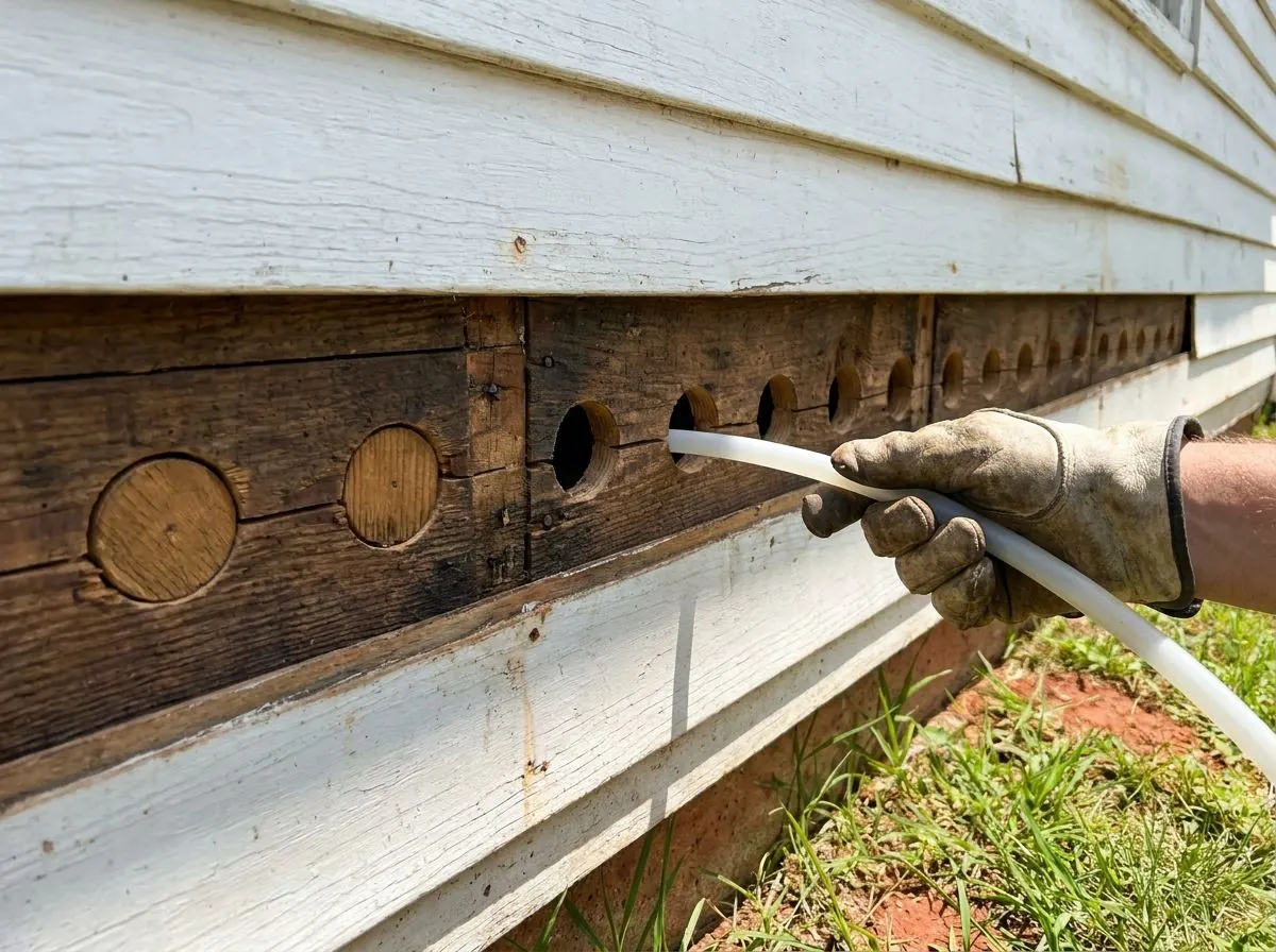 With the siding off an older house, a gloved hand feeds a white fill tube into one of a row of neat round holes drilled through the wood sheathing boards.