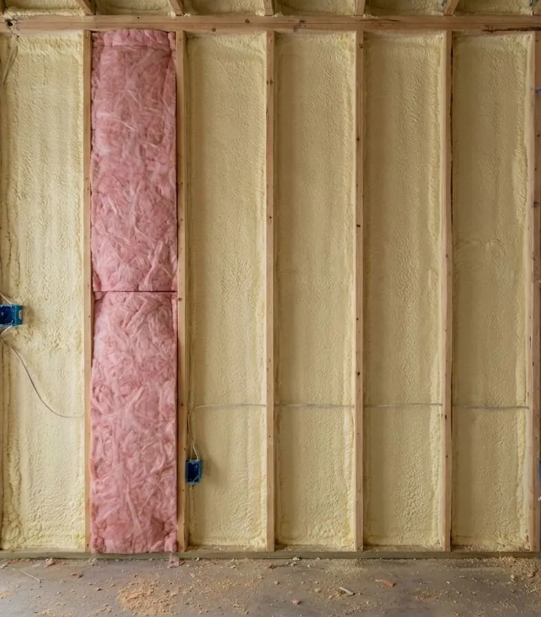 Exterior wall bays coated with yellow spray foam on the sheathing, with a pink fiberglass batt fitted into one bay over the foam.