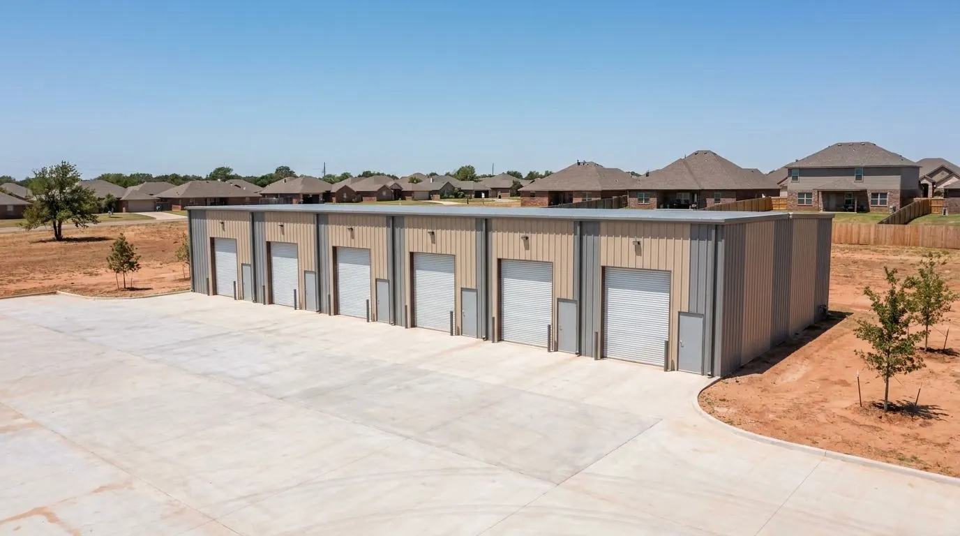 A single-story light-industrial building with metal wall panels and a row of roll-up doors along a wide concrete apron under a clear sky.