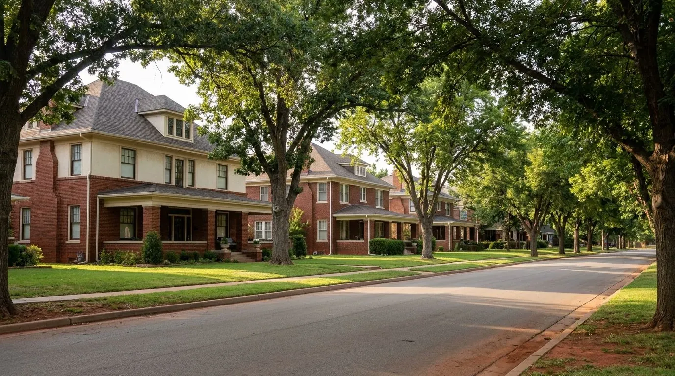Large early-1900s two-story brick and stucco homes with deep front porches set back on a street lined with mature trees.