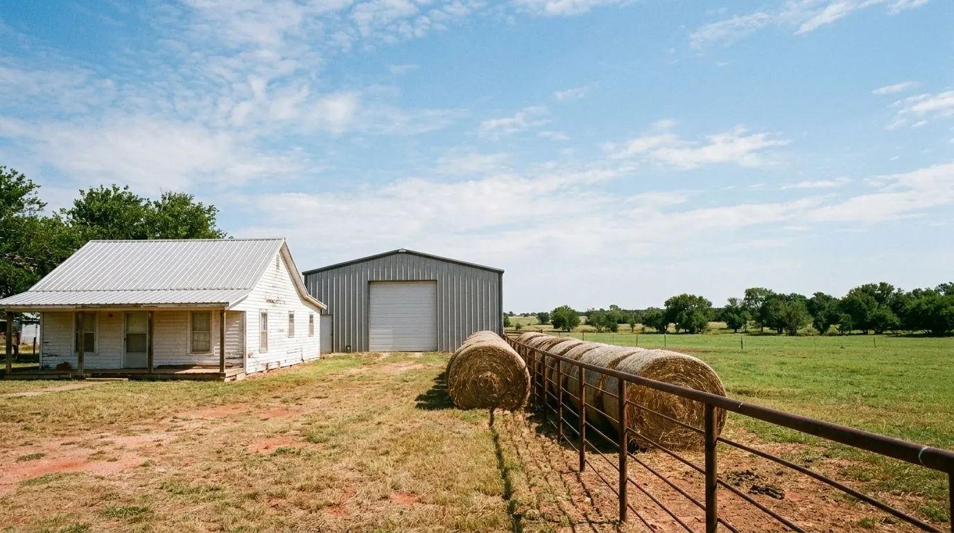 A white one-story farmhouse beside a large gray metal shop building, with hay bales, a pipe fence and open pasture under a wide sky.