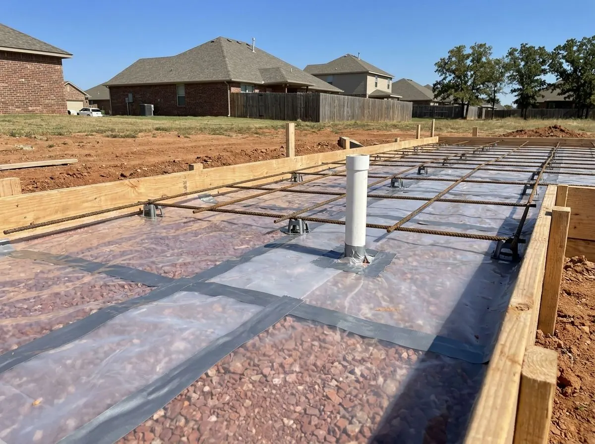 Clear heavy polyethylene sheeting laid over compacted gravel inside slab forms, with the laps overlapped and taped and a plumbing pipe sealed where it comes up through the sheet.
